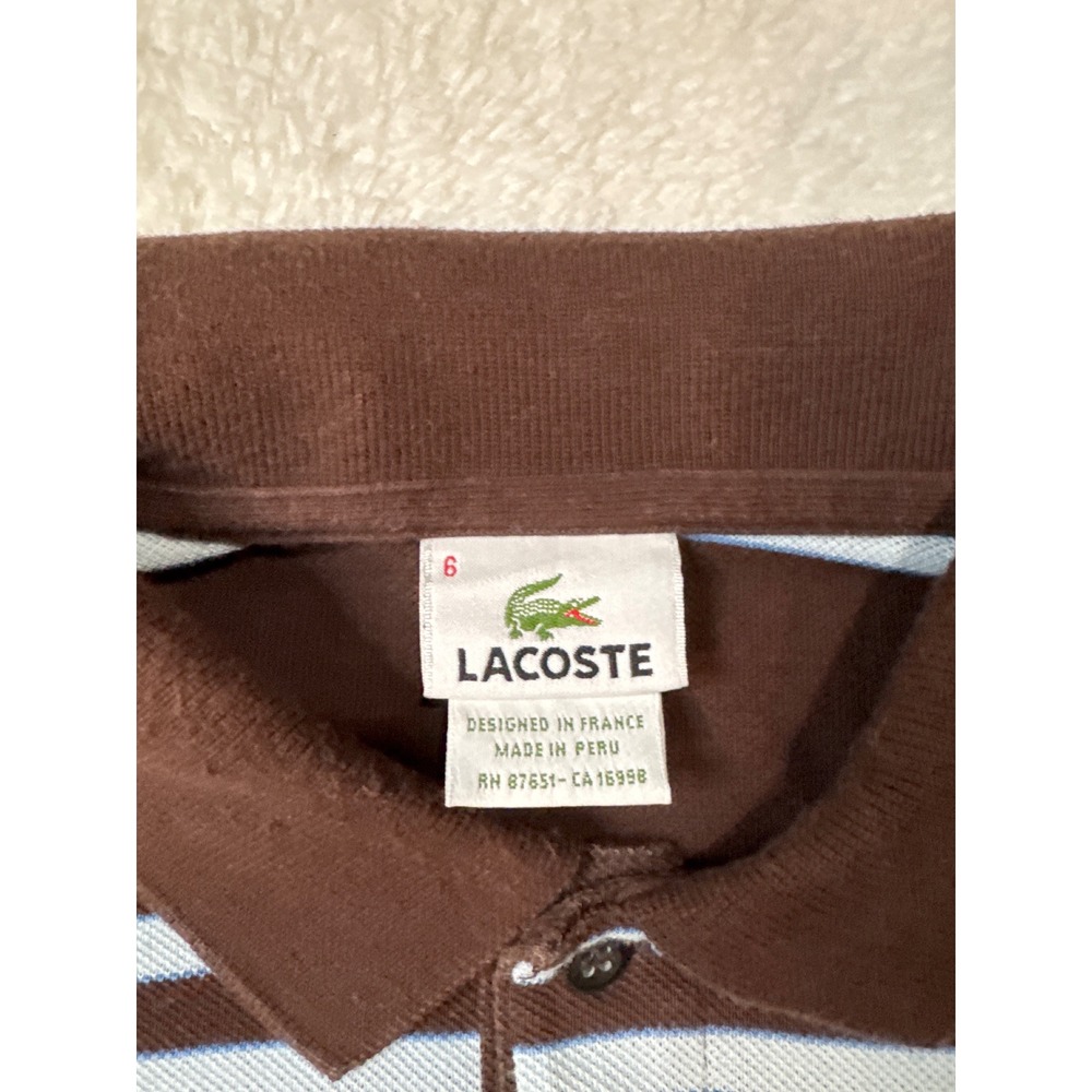 Lacoste Polo Shirt Mens 6 Brown Excellent Long Sleeve Striped Pique Logo - Picture 3 of 4